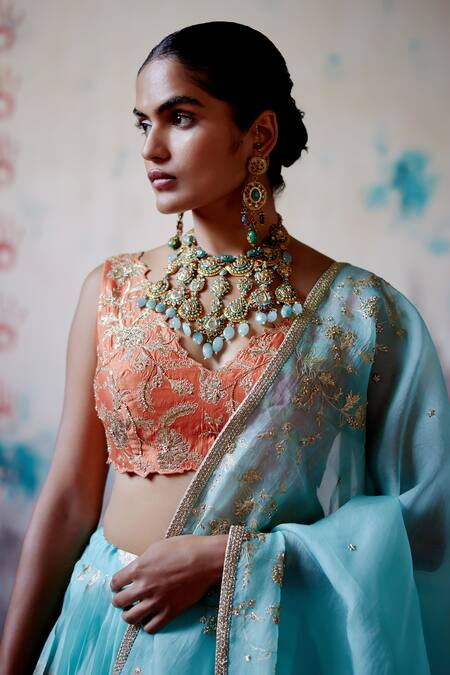 Buy_Deep Thee_Blue Silk, Organza Sequins, Zari V-neck Phool Guccha Embroidered Lehenga Set _Online_at_Aza_Fashions