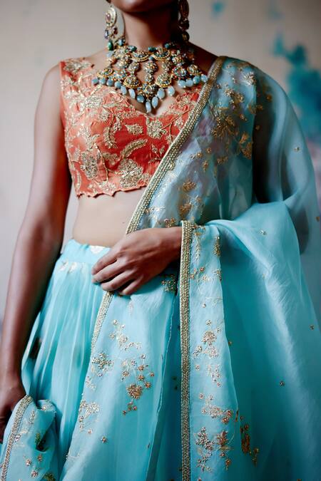 Shop_Deep Thee_Blue Silk, Organza Sequins, Zari V-neck Phool Guccha Embroidered Lehenga Set _Online_at_Aza_Fashions
