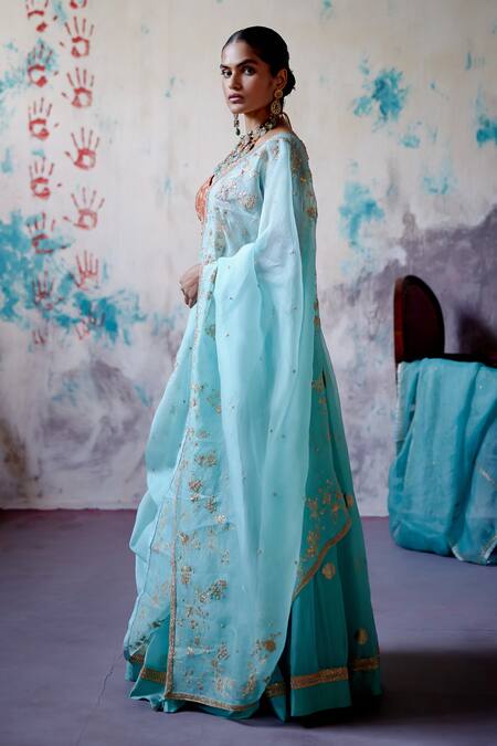 Deep Thee_Blue Silk, Organza Sequins, Zari V-neck Phool Guccha Embroidered Lehenga Set _at_Aza_Fashions