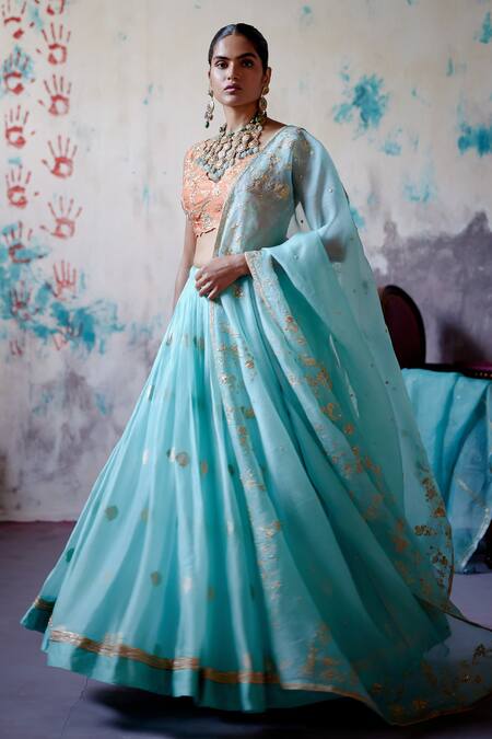 Buy_Deep Thee_Blue Silk, Organza Sequins, Zari V-neck Phool Guccha Embroidered Lehenga Set 