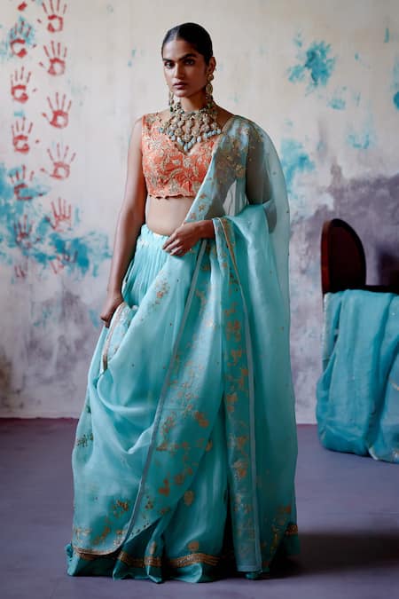 Deep Thee Blue Organza Embroidery Zardozi V Neck Phool Guccha Lehenga Set 