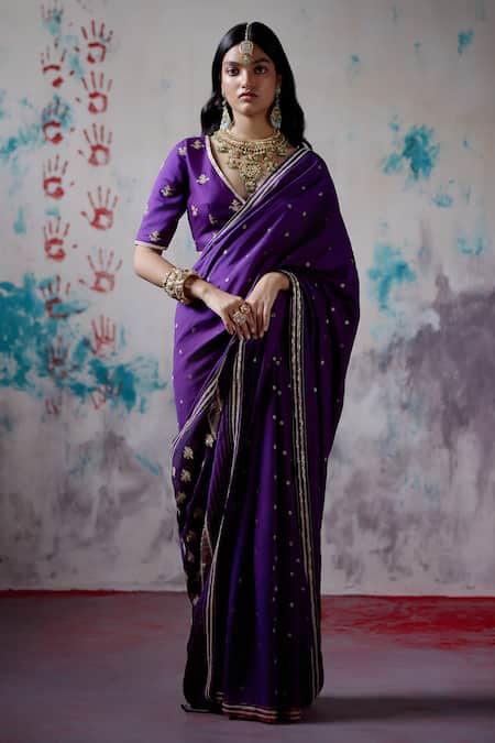 Deep Thee Purple Silk Embroidery Zardozi V Neck Ditsy Bloom Booti Saree With Blouse 