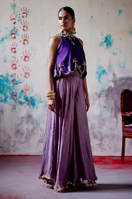Buy_Deep Thee_Purple Chanderi, Tissue Zari, Mirrors, Metallic Phool Crop Top With Sharara _Online_at_Aza_Fashions