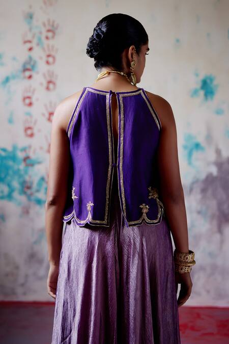 Shop_Deep Thee_Purple Chanderi, Tissue Zari, Mirrors, Metallic Phool Crop Top With Sharara _Online_at_Aza_Fashions
