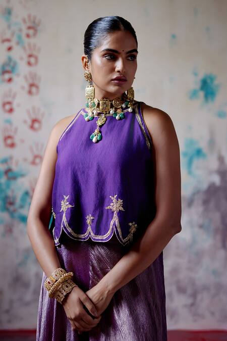 Deep Thee_Purple Chanderi, Tissue Zari, Mirrors, Metallic Phool Crop Top With Sharara _at_Aza_Fashions