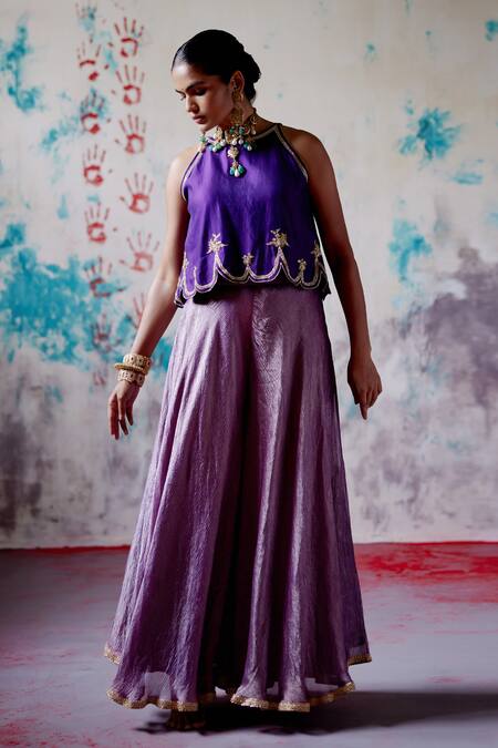 Buy_Deep Thee_Purple Chanderi, Tissue Zari, Mirrors, Metallic Phool Crop Top With Sharara 