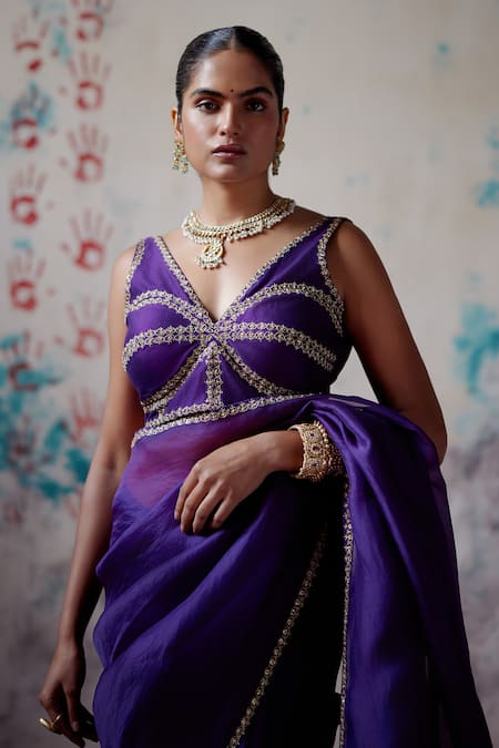 Deep Thee_Purple Organza, Phool Vine Embroidered And Saree With Corset Blouse _Online_at_Aza_Fashions