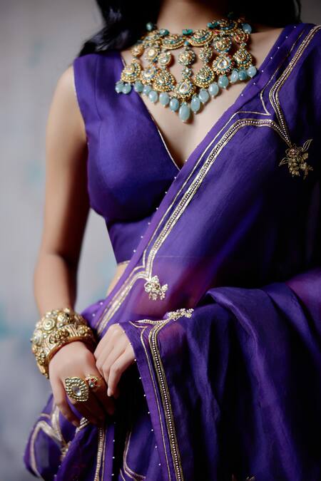 Shop_Deep Thee_Purple Silk, Organza Zari Blossom Vine Embroidered And Saree With Blouse _Online_at_Aza_Fashions