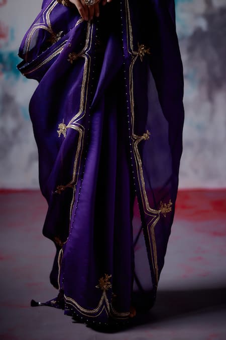 Deep Thee_Purple Silk, Organza Zari Blossom Vine Embroidered And Saree With Blouse _at_Aza_Fashions