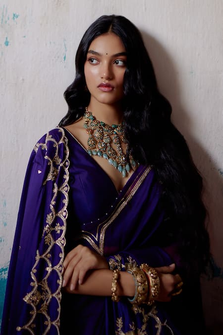 Buy_Deep Thee_Purple Silk, Organza Zari Blossom Vine Embroidered And Saree With Blouse 