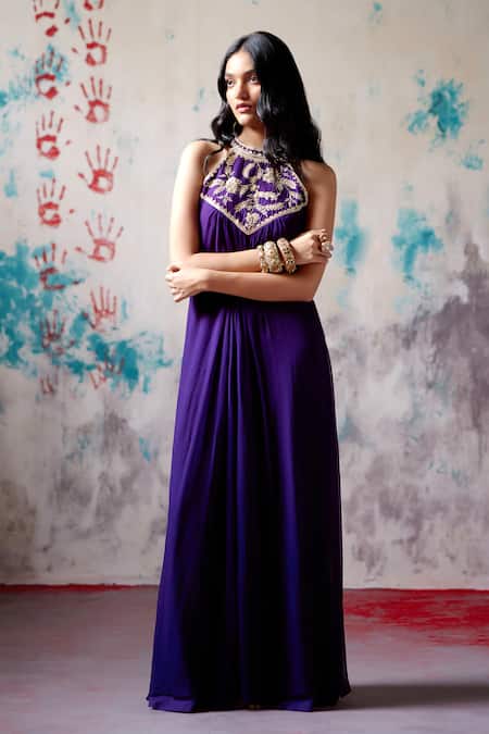 Buy_Deep Thee_Purple Silk, Georgette Embroidery Halter Neck Fleur Jaal Dress _Online_at_Aza_Fashions