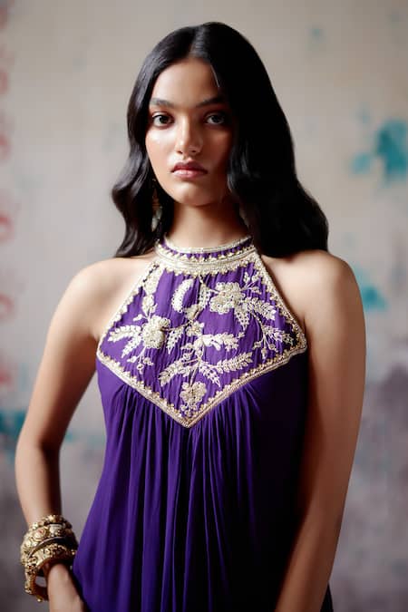 Shop_Deep Thee_Purple Silk, Georgette Embroidery Halter Neck Fleur Jaal Dress _Online_at_Aza_Fashions