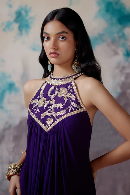 Deep Thee_Purple Silk, Georgette Embroidery Halter Neck Fleur Jaal Dress _at_Aza_Fashions
