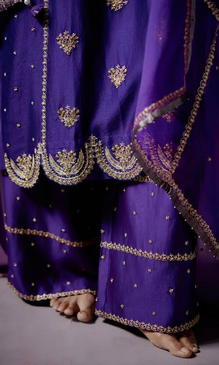 Deep Thee Purple Organza, Chanderi Beads, Embroidery Round Floral Panelled Kurta Pant Set Online at Aza Fashions Deep Thee_Purple Organza, Chanderi Beads, Embroidery Round Floral Panelled Kurta Pant Set _Online_at_Aza_Fashions