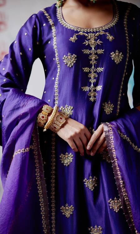 Buy Deep Thee Purple Organza, Chanderi Beads, Embroidery Round Floral Panelled Kurta Pant Set Online at Aza Fashions Buy_Deep Thee_Purple Organza, Chanderi Beads, Embroidery Round Floral Panelled Kurta Pant Set _Online_at_Aza_Fashions