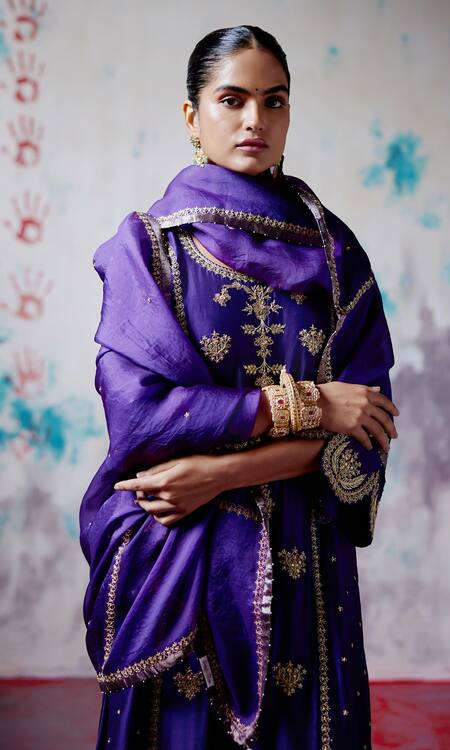 Deep Thee Purple Organza, Chanderi Beads, Embroidery Round Floral Panelled Kurta Pant Set at Aza Fashions Deep Thee_Purple Organza, Chanderi Beads, Embroidery Round Floral Panelled Kurta Pant Set _at_Aza_Fashions