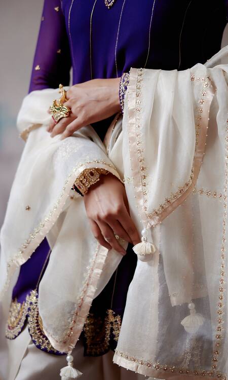 Deep Thee_Purple Organza, Chanderi, Satin Beads, Embroidery Short Anarkali Dhoti Pant _Online_at_Aza_Fashions