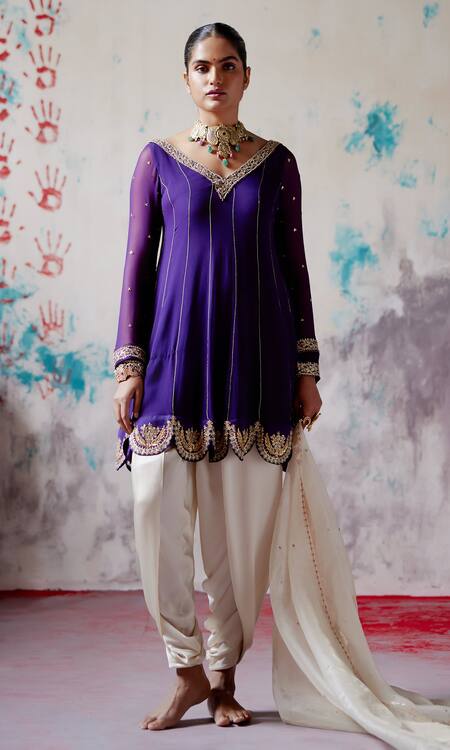 Buy_Deep Thee_Purple Organza, Chanderi, Satin Beads, Embroidery Short Anarkali Dhoti Pant _Online_at_Aza_Fashions