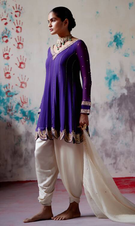 Shop_Deep Thee_Purple Organza, Chanderi, Satin Beads, Embroidery Short Anarkali Dhoti Pant _Online_at_Aza_Fashions