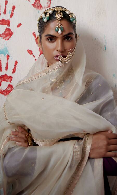 Deep Thee_Purple Organza, Chanderi, Satin Beads, Embroidery Short Anarkali Dhoti Pant _at_Aza_Fashions