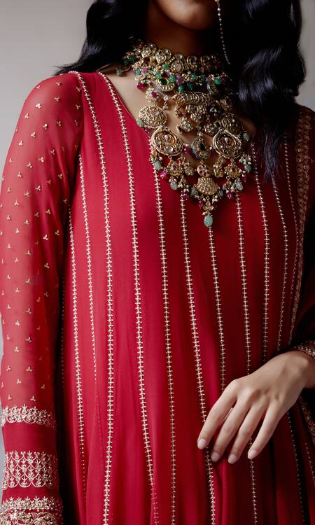 Deep Thee Red Organza, Georgette Beads, Zari V-neck Embroidered Anarkali Set at Aza Fashions Deep Thee_Red Organza, Georgette Beads, Zari V-neck Embroidered Anarkali Set _at_Aza_Fashions
