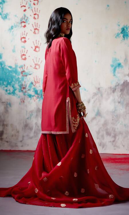 Deep Thee_Red Silk, Organza Beads, Zari Split V-neck Floral Embroidered Kurta Sharara Set _Online_at_Aza_Fashions