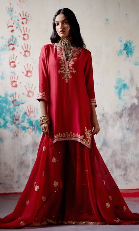 Buy_Deep Thee_Red Silk, Organza Beads, Zari Split V-neck Floral Embroidered Kurta Sharara Set _Online_at_Aza_Fashions