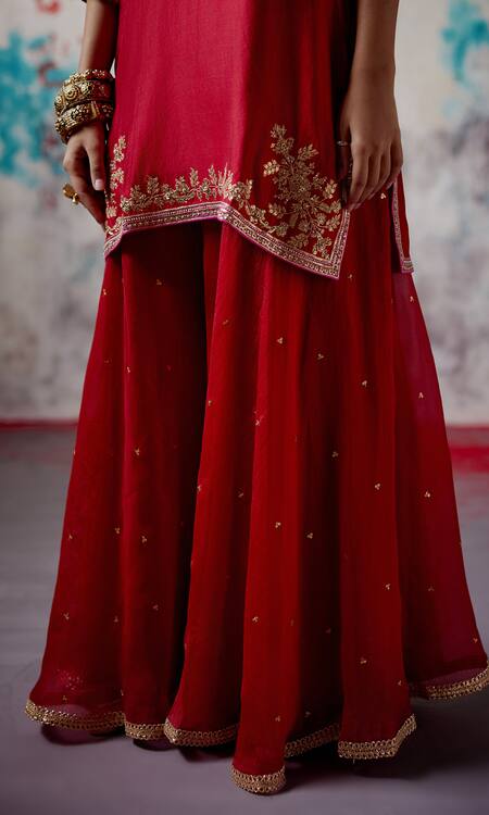 Shop_Deep Thee_Red Silk, Organza Beads, Zari Split V-neck Floral Embroidered Kurta Sharara Set _Online_at_Aza_Fashions