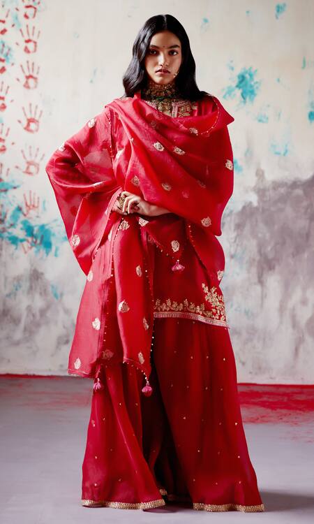 Deep Thee_Red Silk, Organza Beads, Zari Split V-neck Floral Embroidered Kurta Sharara Set _at_Aza_Fashions