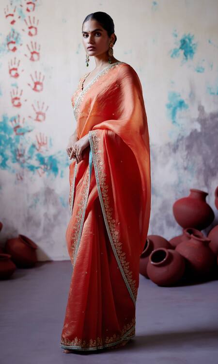 Buy_Deep Thee_Orange Organza, Silk Zari, Beads V-neck Embroidered Saree With Blouse _Online_at_Aza_Fashions