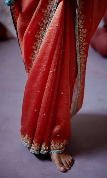 Shop_Deep Thee_Orange Organza, Silk Zari, Beads V-neck Embroidered Saree With Blouse _Online_at_Aza_Fashions