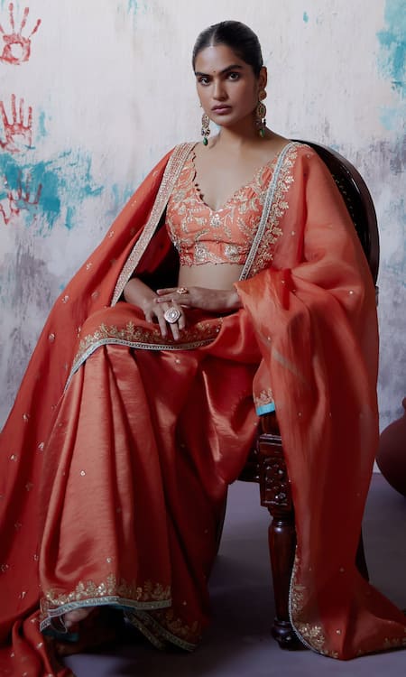 Deep Thee_Orange Organza, Silk Zari, Beads V-neck Embroidered Saree With Blouse _at_Aza_Fashions