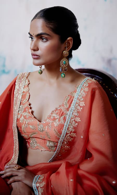 Buy_Deep Thee_Orange Organza, Silk Zari, Beads V-neck Embroidered Saree With Blouse 