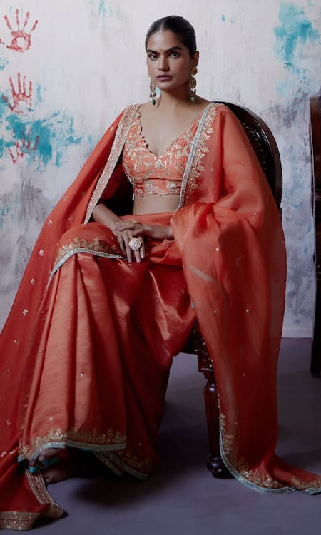 Shop_Deep Thee_Orange Organza, Silk Zari, Beads V-neck Embroidered Saree With Blouse 