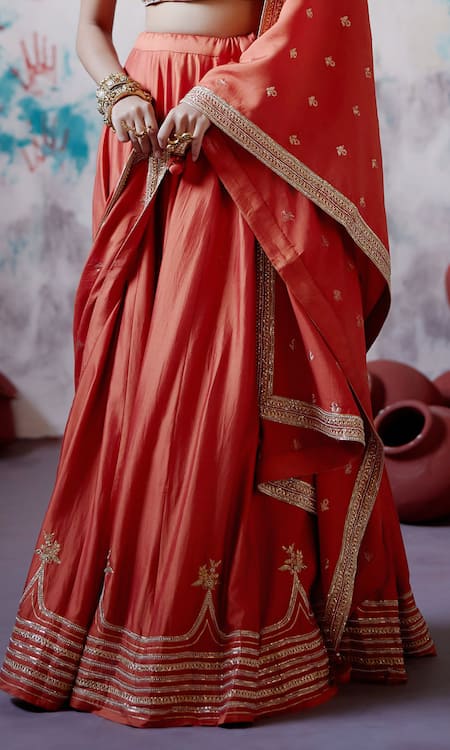 Deep Thee_Orange Silk, Organza Beads, Zari Round Neck Zardozi Embroidered Lehenga Set _Online_at_Aza_Fashions