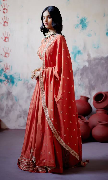 Buy_Deep Thee_Orange Silk, Organza Beads, Zari Round Neck Zardozi Embroidered Lehenga Set _Online_at_Aza_Fashions
