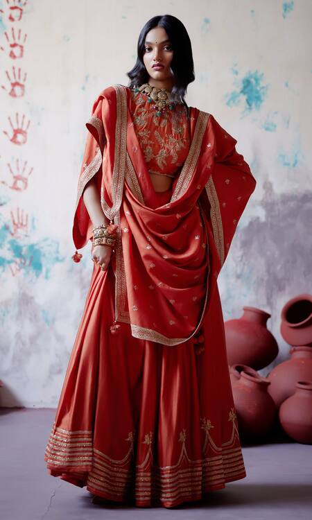 Shop_Deep Thee_Orange Silk, Organza Beads, Zari Round Neck Zardozi Embroidered Lehenga Set _Online_at_Aza_Fashions