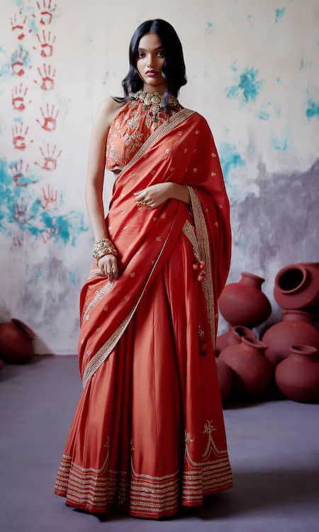 Deep Thee_Orange Silk, Organza Beads, Zari Round Neck Zardozi Embroidered Lehenga Set _at_Aza_Fashions