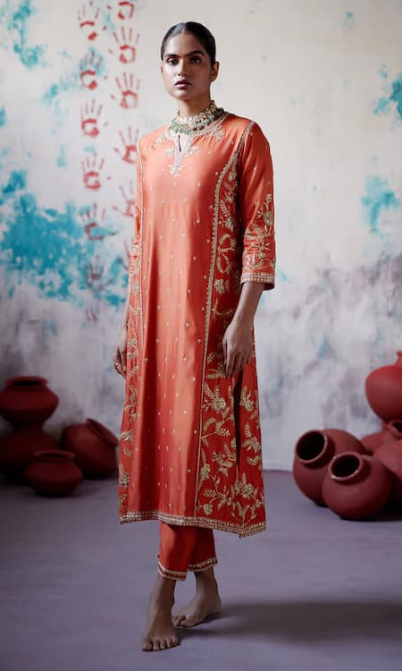 Deep Thee_Orange Silk, Organza Beads, Zari, Embroidery Collared Jaal Kurta Pant Set _Online_at_Aza_Fashions