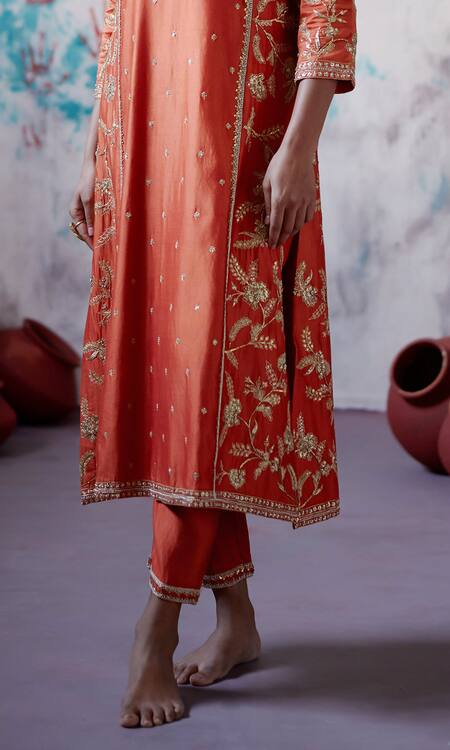 Buy_Deep Thee_Orange Silk, Organza Beads, Zari, Embroidery Collared Jaal Kurta Pant Set _Online_at_Aza_Fashions