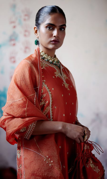 Shop_Deep Thee_Orange Silk, Organza Beads, Zari, Embroidery Collared Jaal Kurta Pant Set _Online_at_Aza_Fashions