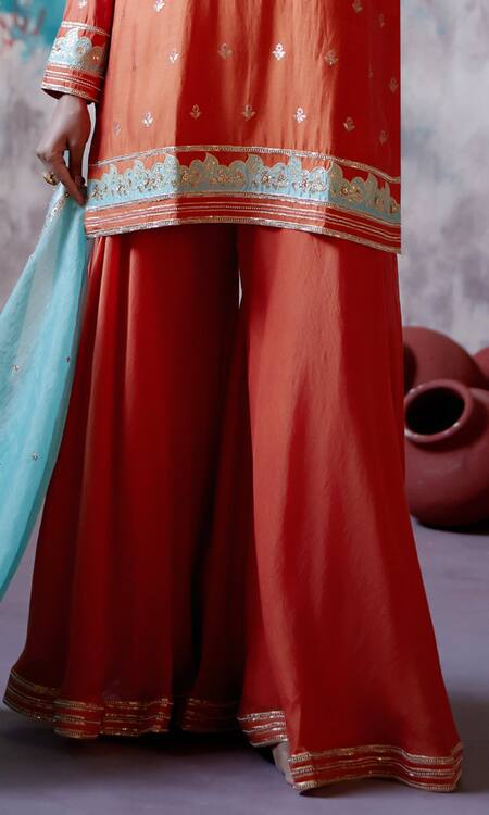 Buy_Deep Thee_Orange Silk, Organza, Chanderi Beads, Floral Applique Kurta Sharara Set _Online_at_Aza_Fashions