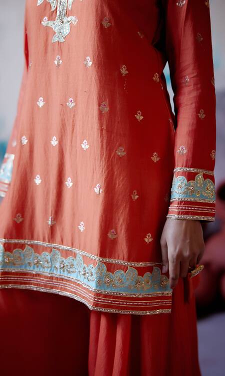 Shop_Deep Thee_Orange Silk, Organza, Chanderi Beads, Floral Applique Kurta Sharara Set _Online_at_Aza_Fashions