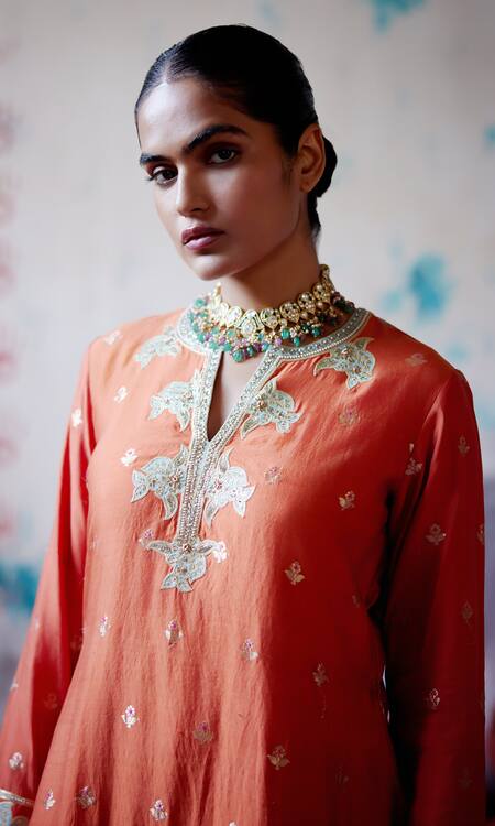 Buy_Deep Thee_Orange Silk, Organza, Chanderi Beads, Floral Applique Kurta Sharara Set 