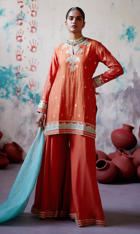 Deep Thee Orange Silk Embroidered Zari Notched Floral Applique Kurta Sharara Set 