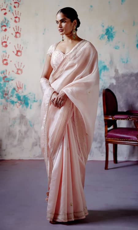 Buy_Deep Thee_Peach Silk, Organza Beads, Zari Sweetheart Zardozi Embroidered Saree With Blouse _Online_at_Aza_Fashions