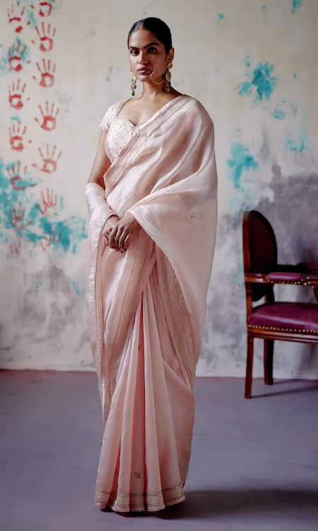 Shop_Deep Thee_Peach Silk, Organza Beads, Zari Sweetheart Zardozi Embroidered Saree With Blouse _Online_at_Aza_Fashions