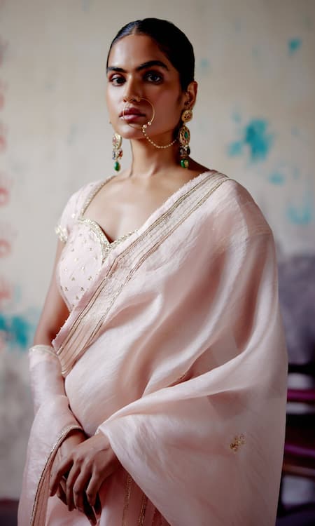 Deep Thee_Peach Silk, Organza Beads, Zari Sweetheart Zardozi Embroidered Saree With Blouse _at_Aza_Fashions