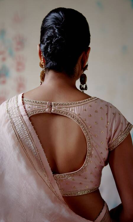 Buy_Deep Thee_Peach Silk, Organza Beads, Zari Sweetheart Zardozi Embroidered Saree With Blouse 