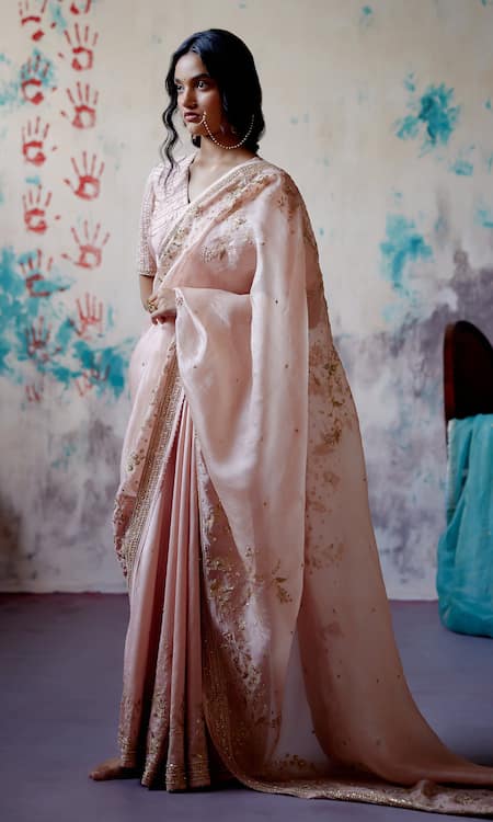 Buy Deep Thee Peach Silk, Organza Beads, Zari V-neck Floral Jaal Embroidered Saree With Blouse Online at Aza Fashions Buy_Deep Thee_Peach Silk, Organza Beads, Zari V-neck Floral Jaal Embroidered Saree With Blouse _Online_at_Aza_Fashions